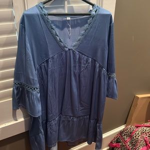 Blue cotton dress with flared sleeves, Large, never worn